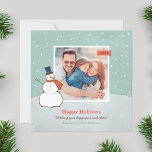 Vintage Winter Snowman Happy Holidays Photo Holiday Card<br><div class="desc">"Happy Holidays" square photo card design features a snowy winter scene with a happy snowman and snowflakes. Personalize with your photo (tip: crop your photo to a square shape before changing the image to upload your own) and custom greeting below. Vintage aqua / jade green, tangerine orange / red and...</div>