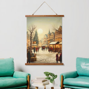 Vintage Winter Snowy Christmas Market Town Hanging Tapestry