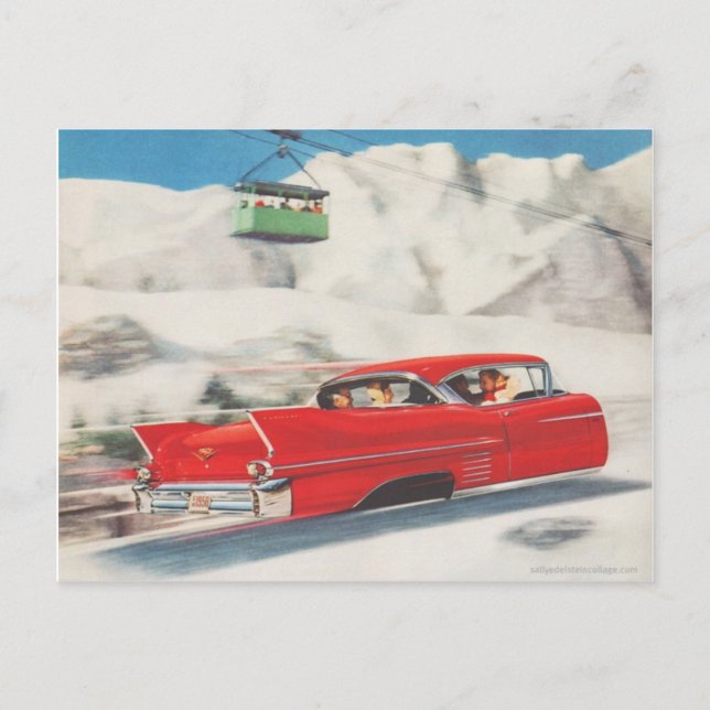 Vintage winter sports, car and cablecar postcard (Front)