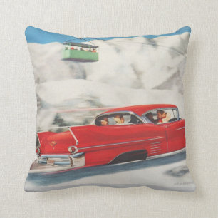 Vintage winter  sports, Cars and cablecars Throw Pillow