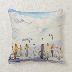 Vintage winter sports, skiers on the pistes throw pillow