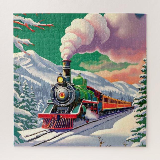 Vintage Winter Steam Train Jigsaw Puzzle (Vertical)
