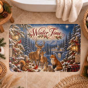 Vintage Winter Time Illustration Bath Mat