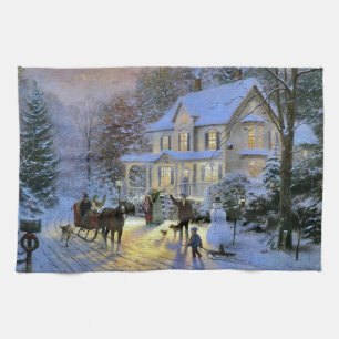 Vintage Winter Town Christmas tree Kitchen Towel