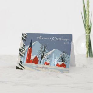 Vintage Winter Village Ice Blue and Red Non-Photo Holiday Card