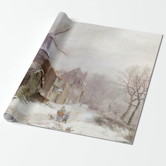 Vintage Winter Windmill snowy landscape Wrapping Paper (Unrolled)