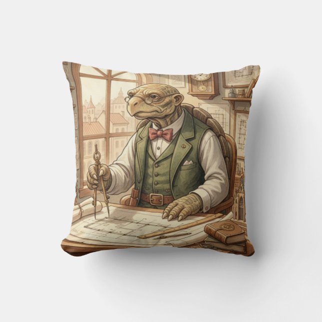 Vintage Wise Turtle Architect Throw Pillow (Front)