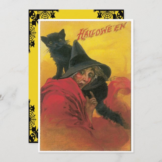 Vintage Witch And Black Cat Halloween Invitation (Front/Back)