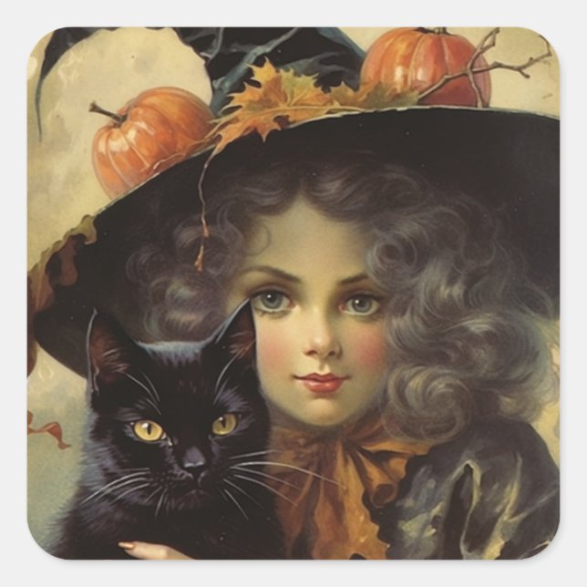 Vintage Witch and Black Cat Halloween Square Sticker (Front)
