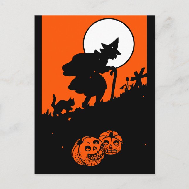 Vintage Witch and Black Cat Silhouette Postcard (Front)