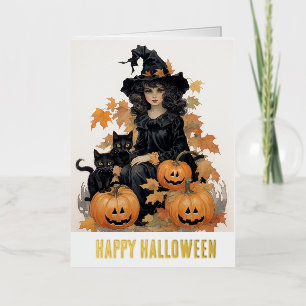 Vintage Witch and Black Cats Halloween Foil Greeting Card