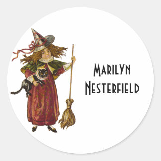 Vintage Witch and Cat Classic Round Sticker