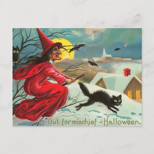 Vintage Witch and Cat Postcard (Front)