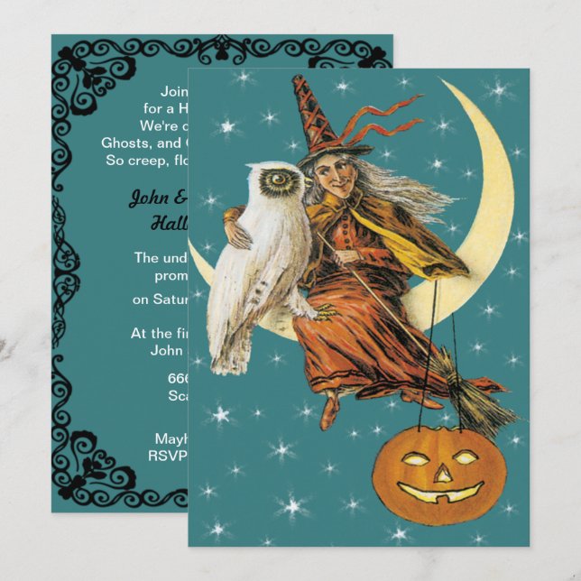 Vintage Witch And Owl On The Moon Invitation (Front/Back)