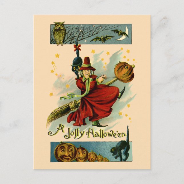 Vintage Witch, Black cat & Bats Halloween Holiday Postcard (Front)