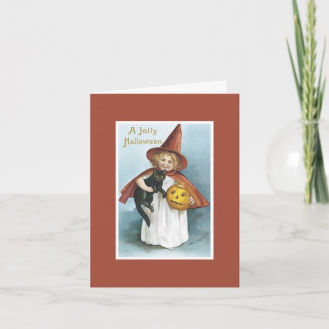 Vintage Witch Black Cat Halloween Card (Front)