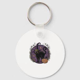 Vintage Witch Cat Halloween Vector Shirt Design_1 Keychain