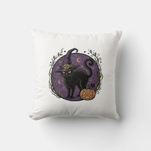 Vintage Witch Cat Halloween Vector Shirt Design_1 Throw Pillow