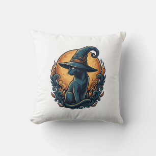 Vintage Witch Cat Moon Halloween Vector Art_1 Throw Pillow