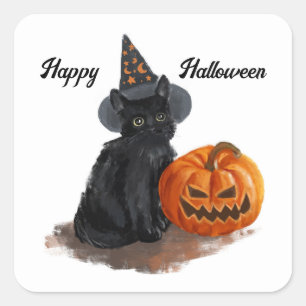 Vintage Witch Cat Square Stickers