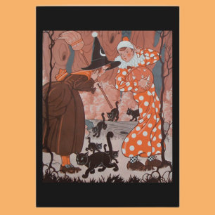 Vintage Witch Clown and Black Cats Halloween Card