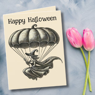 Vintage Witch Flying Pumpkin Parachute Halloween Holiday Card