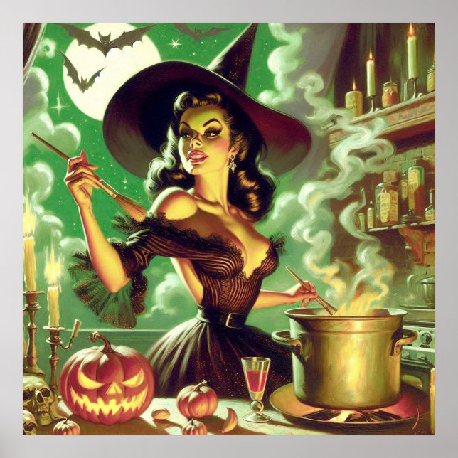 Vintage Witch Halloween Pin-Up Poster (Front)