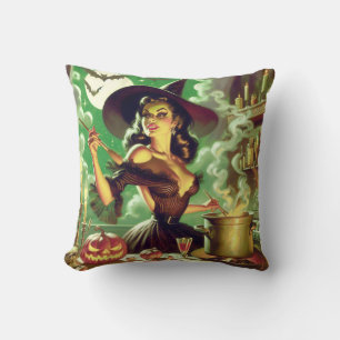 Vintage Witch Halloween Pin-Up Throw Pillow