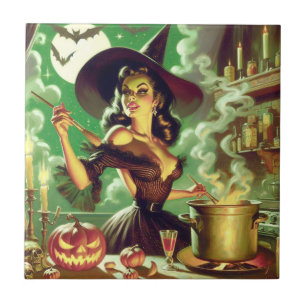 Vintage Witch Halloween Pin-Up Tile