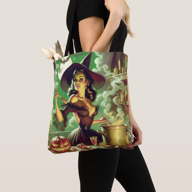 Vintage Witch Halloween Pin-Up Tote Bag (Close Up)