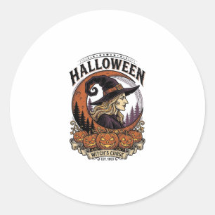 Vintage Witch Halloween Pumpkin Moon Engraving Art Classic Round Sticker