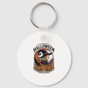 Vintage Witch Halloween Pumpkin Moon Engraving Art Keychain