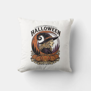 Vintage Witch Halloween Pumpkin Moon Engraving Art Throw Pillow