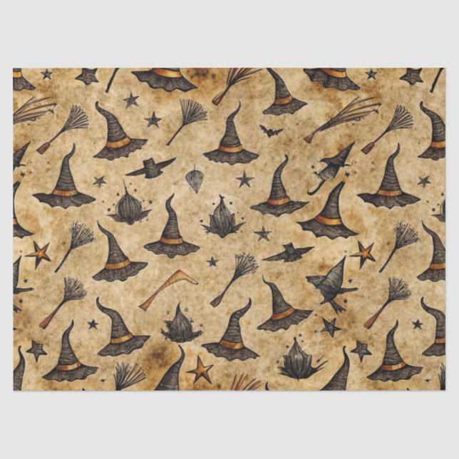 Vintage Witch Hats & Broomsticks Halloween Pattern Tissue Paper (Front)