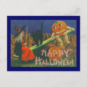 Vintage Witch & Jack o' Lanterns Play Time Postcard