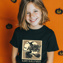 Vintage Witch on Broom Full Moon & Bats Halloween