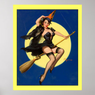 Vintage Witch on Broom Pinup Girl Poster