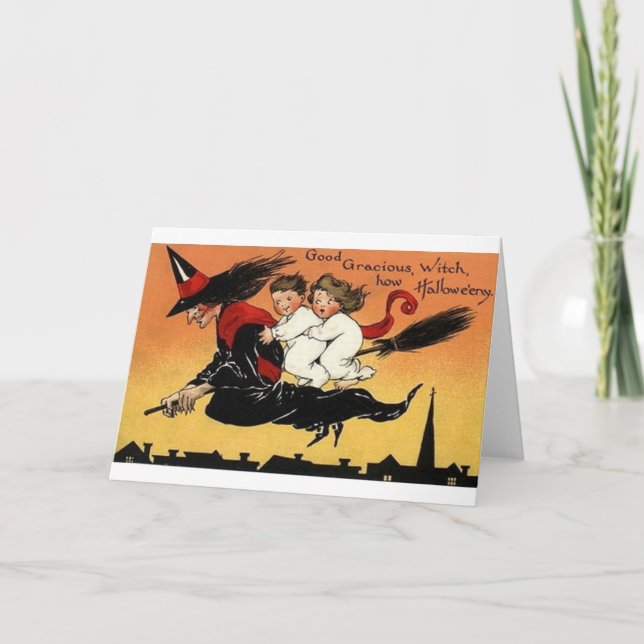 Vintage Witch On Broomstick Halloween Card (Front)