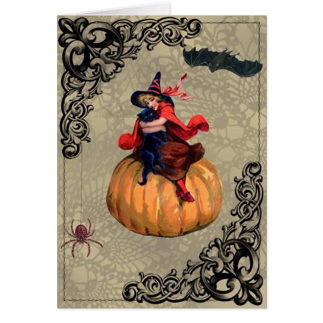 Vintage Witch on Pumpkin Collage Greeting Card (Front)