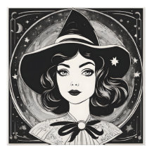 Vintage Witch Portrait Black and White Retro