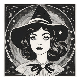 Vintage Witch Portrait Black and White Retro Photo Print