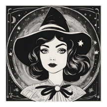 Vintage Witch Portrait Black and White Retro