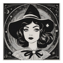 Vintage Witch Portrait Black and White Retro