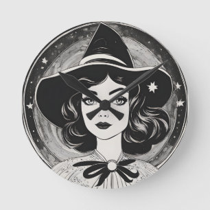 Vintage Witch Portrait Black and White Retro Round Clock