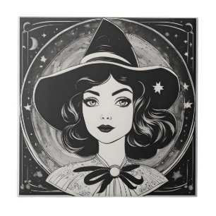 Vintage Witch Portrait Black and White Retro Tile