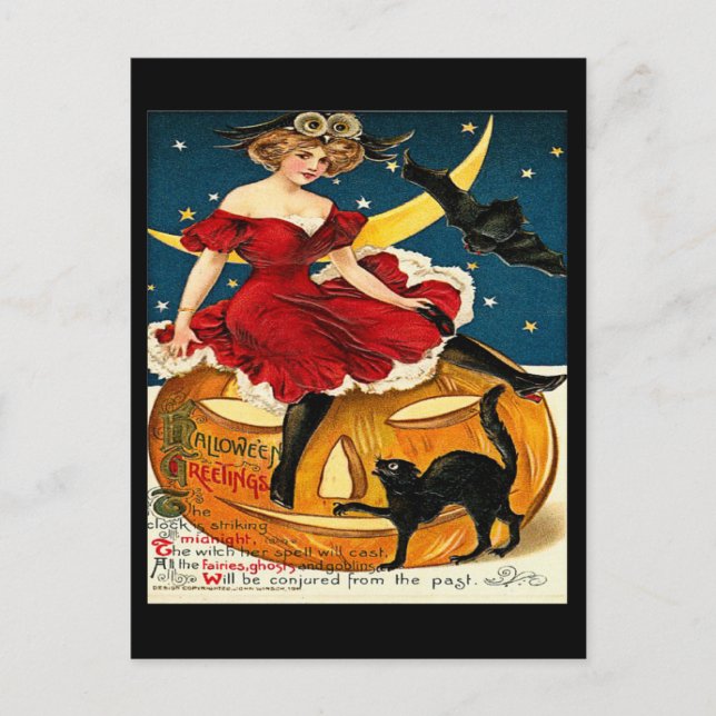 Vintage Witch Pumpkin Halloween Greetings Postcard (Front)