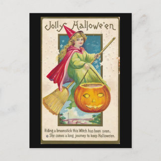 Vintage witch riding broomstick postcard