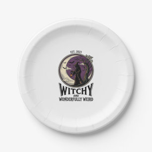 Vintage Witch Shirt With Spooky Moon Halloween Art Paper Plate