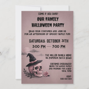 Vintage Witch Skull & Pink Rose Halloween Party Invitation