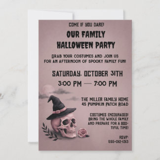 Vintage Witch Skull & Pink Rose Halloween Party Invitation